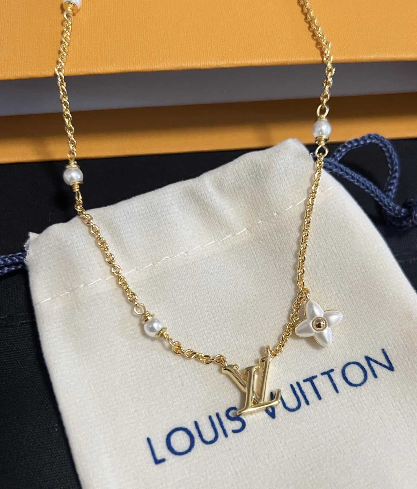 Louis Vuitton Earrings - Gold 'LV' Logo with Pearl Flower Design